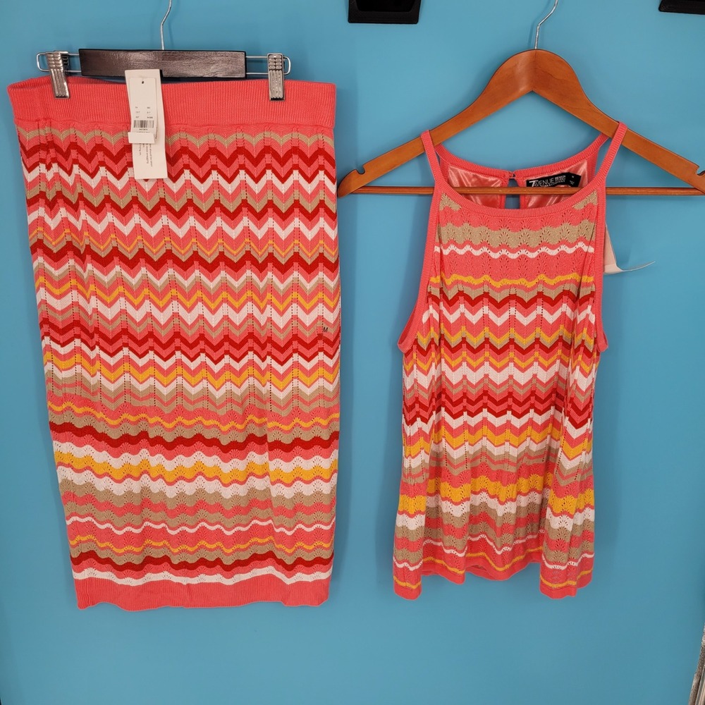 NWT New York & Company Skirt Set Women Medium Crochet Chevron Pink